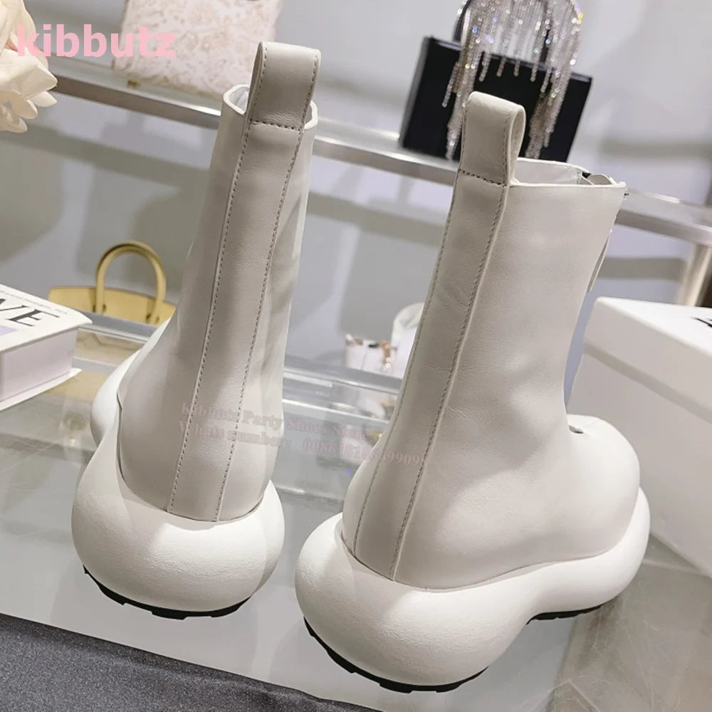Thick Bottom Front Zipper Ankle Boots Height Increasing Round Toe Solid Genuine Leather Fashion Elegant British Style Women Shoe
