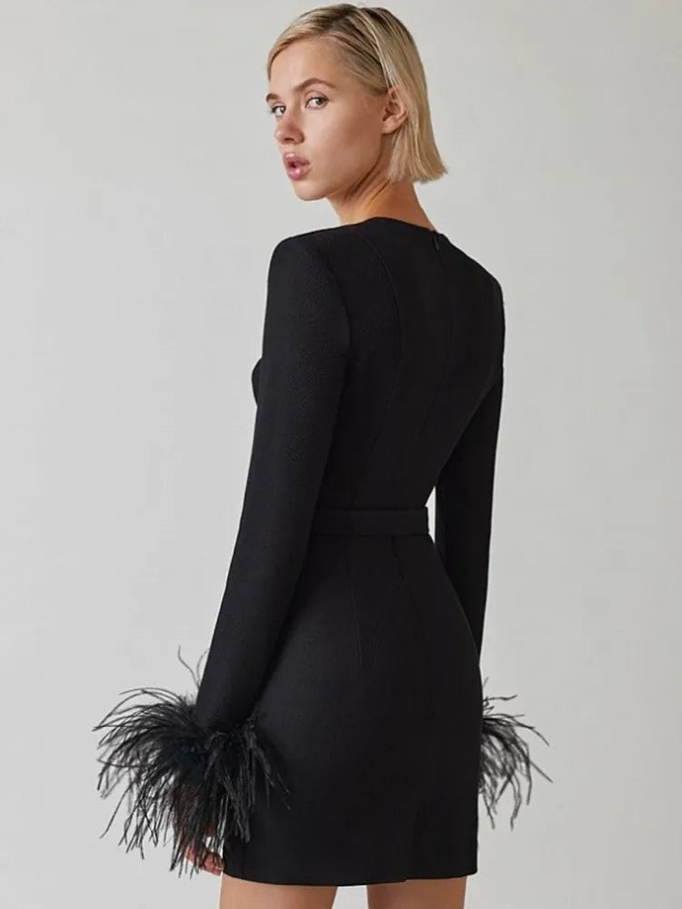 2022 New Winter Women Long Sleeve Square Collar Bodycon Mini Dress Feathers Rayon Bandage Fashion Elegant Evening Party Dress