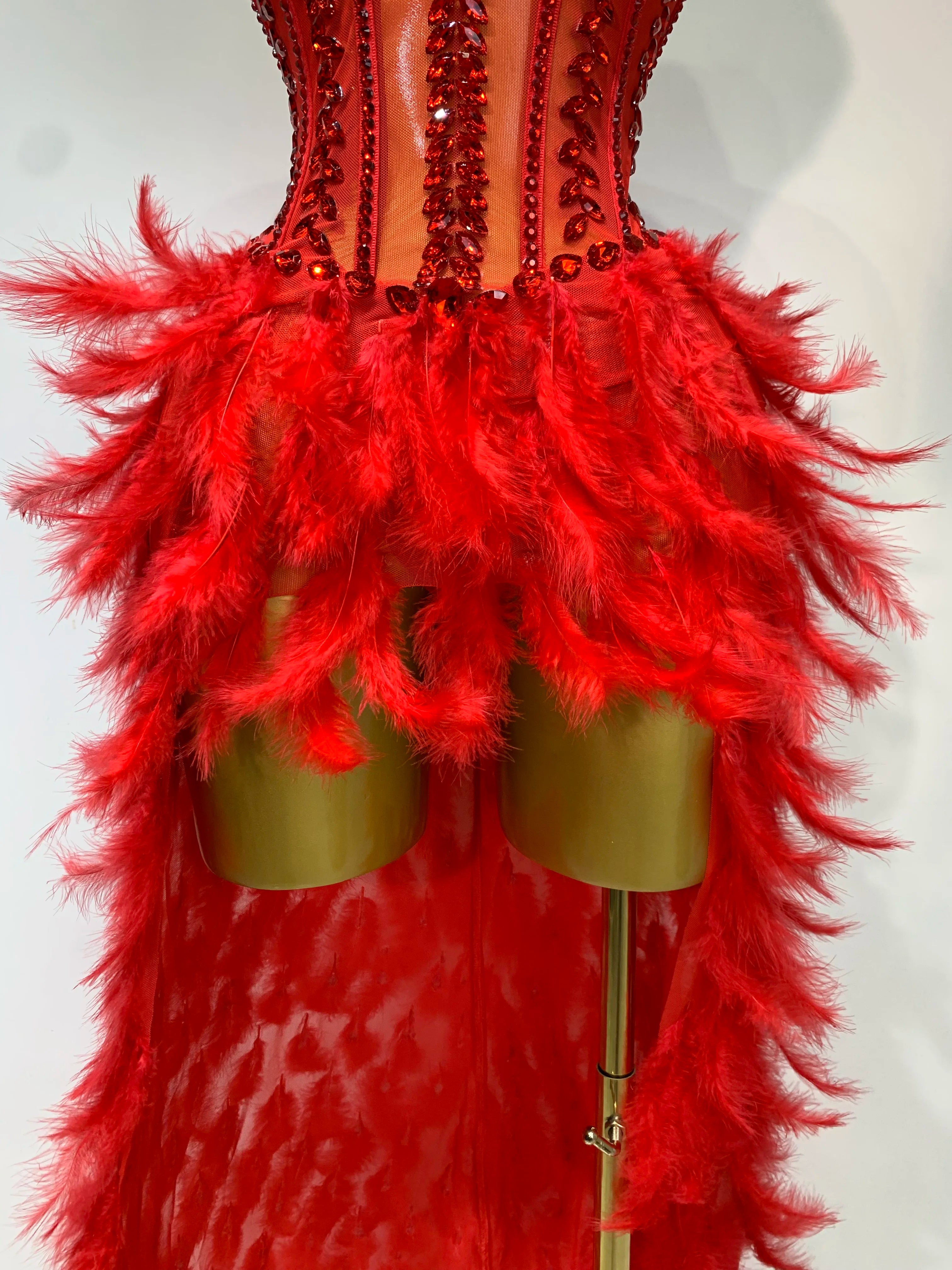 Sparkly Rhinestones Bodysuit Feathers Long Tail Dress Sexy Mesh Transparent Evening Party Celebrate Birthday Dress Stage Outfit