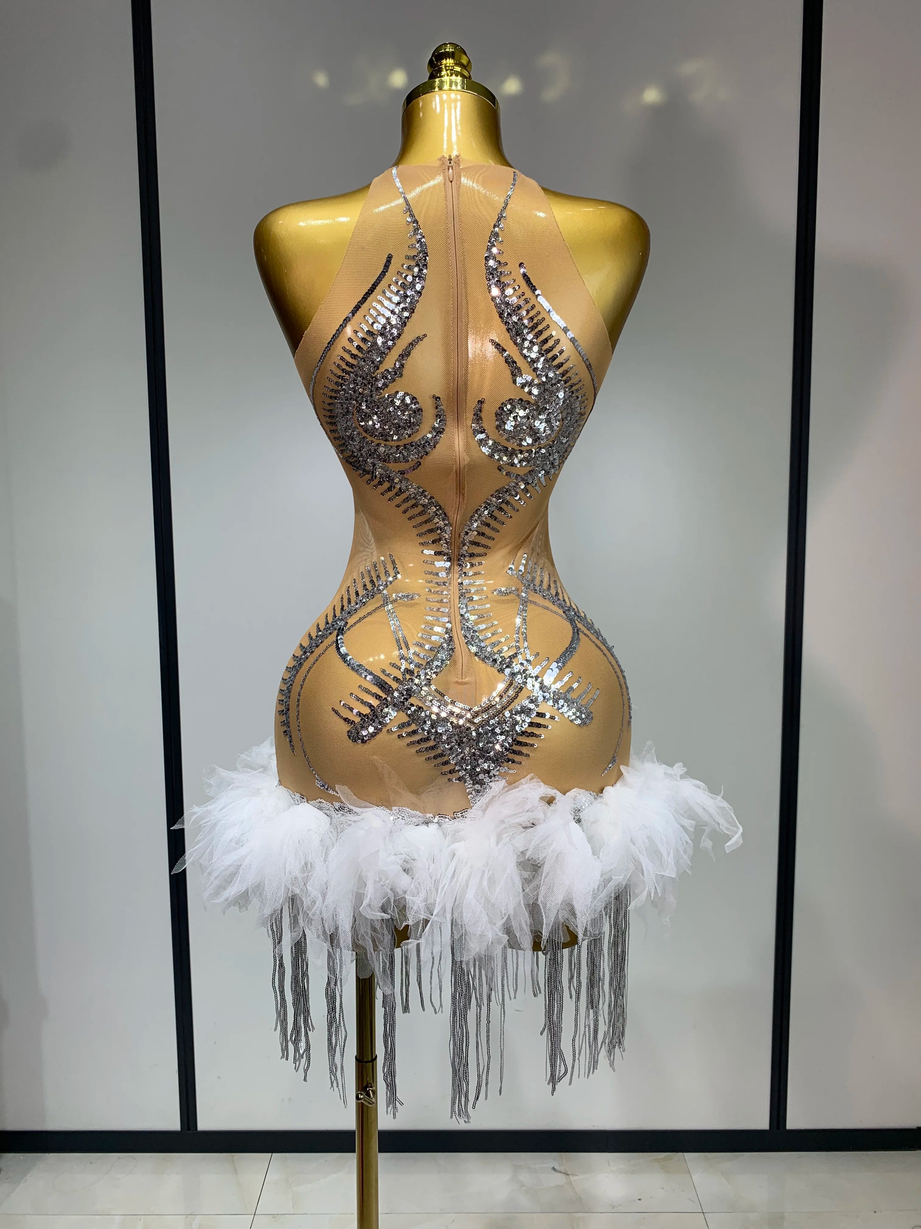 Luxury Party Cocktail Short Dress Women Mesh Sexy See Through Rhinestones Tassel Dress Nightclub Perform Singer Stage Costume