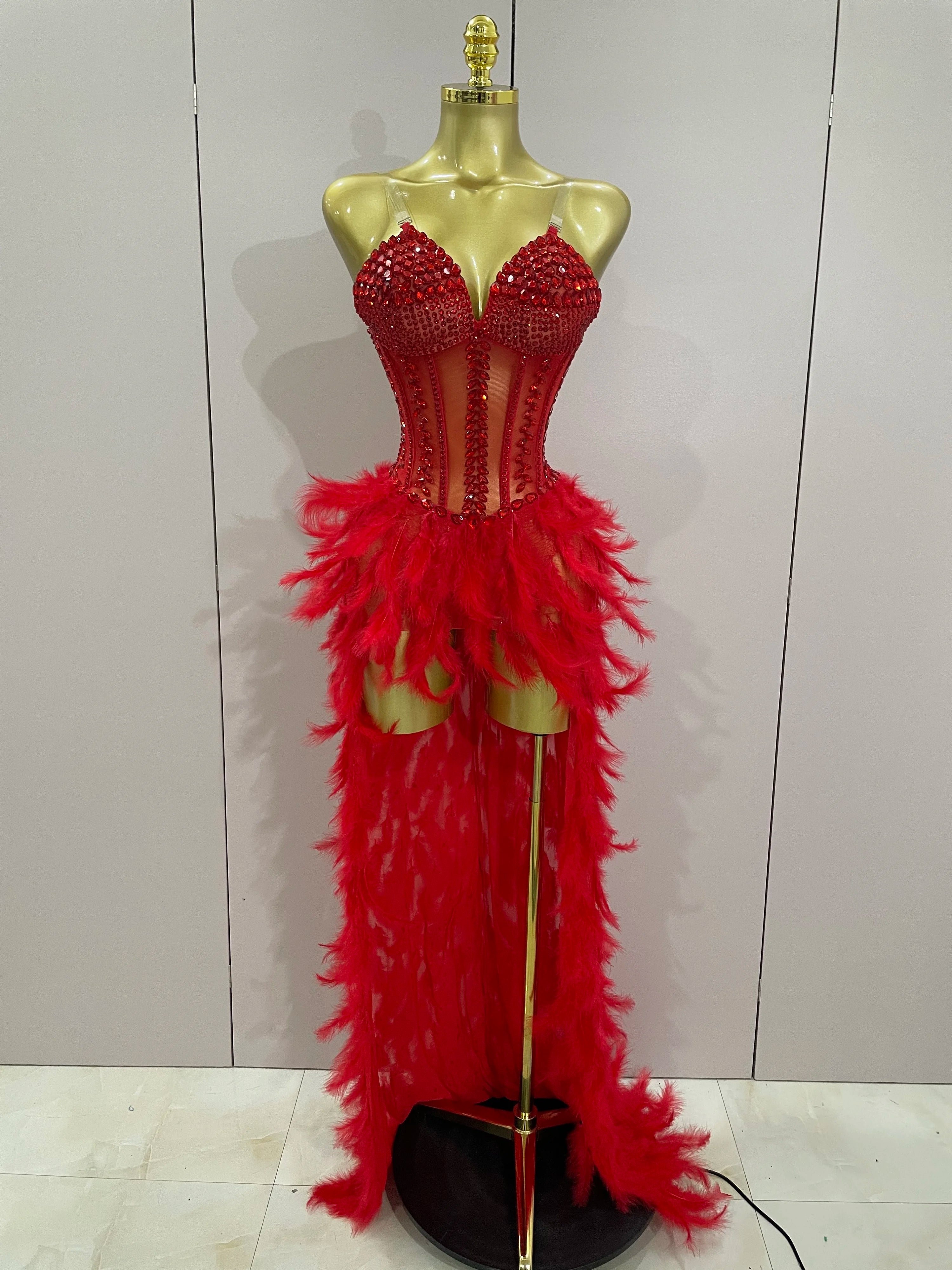 Luxury Sparkly Rhinestones Feathers Long Tail Dress Sexy Mesh Transparent Stage Bodysuit Evening Party Celebrate Birthday Dress Red