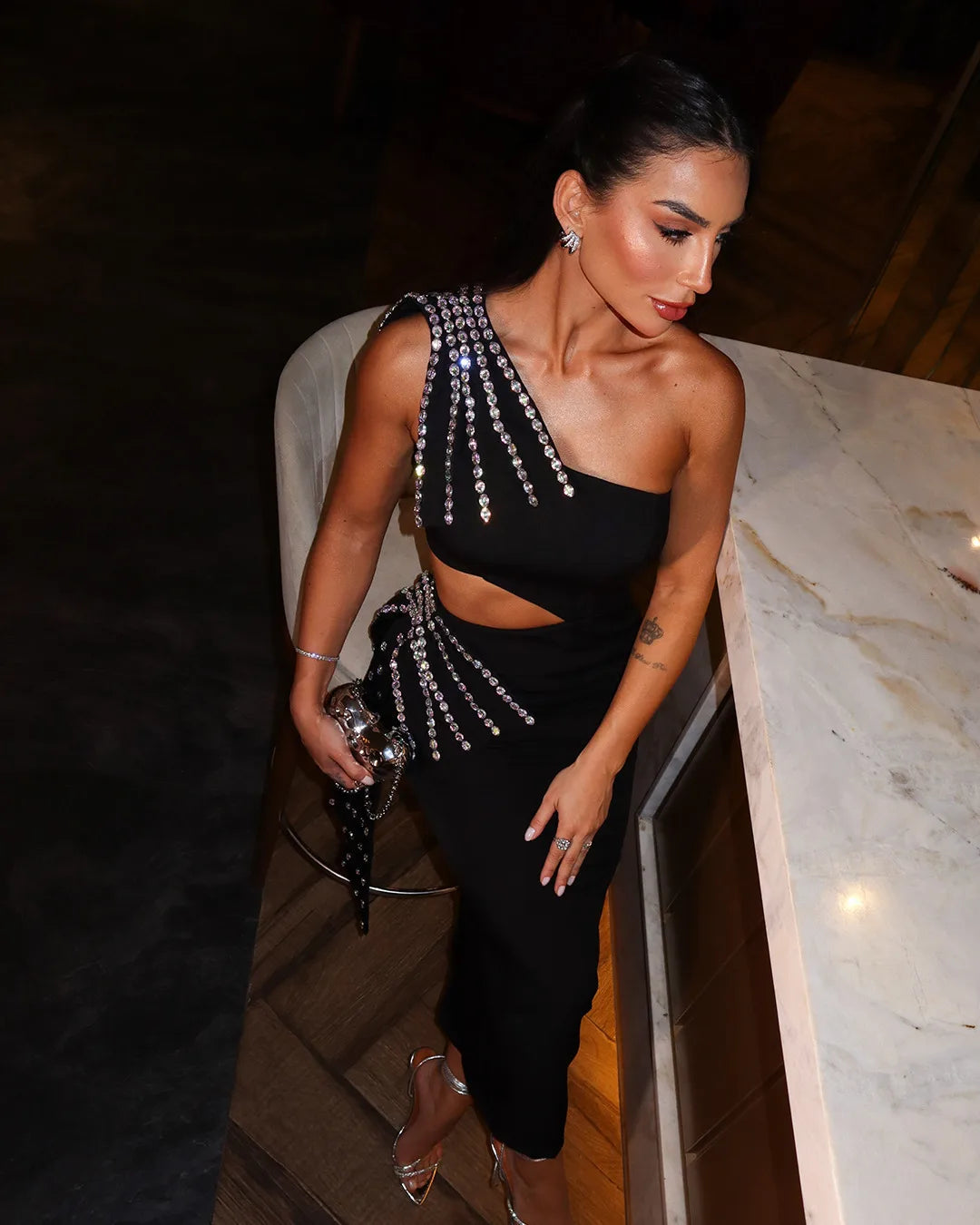 2025 New Arrival Women Sexy One Shoulder Big Crystal Bodycon Bandage Long Dress Celebrate Elegant Evening Party Outfit Vestido