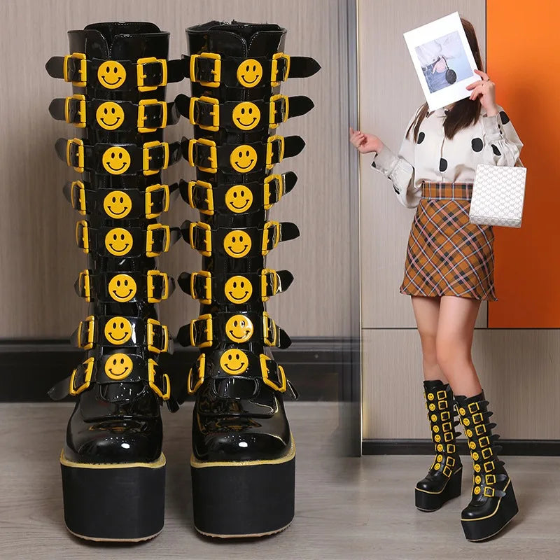 Plus Size 43 Black Gothic Vampire Halloween Cosplay Punk Buckle Street Platform Wedge High Heel Boots Women Shoes