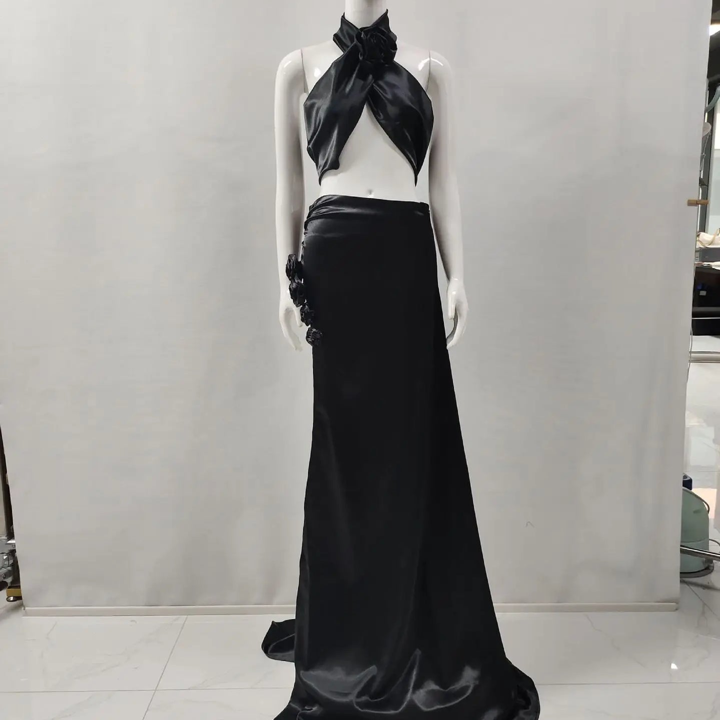 Red Black Christmas Style Women Sexy Florals 2 Pieces High Split Floor-length Dress Nightclub Party Cocktail Celebrate Wear black