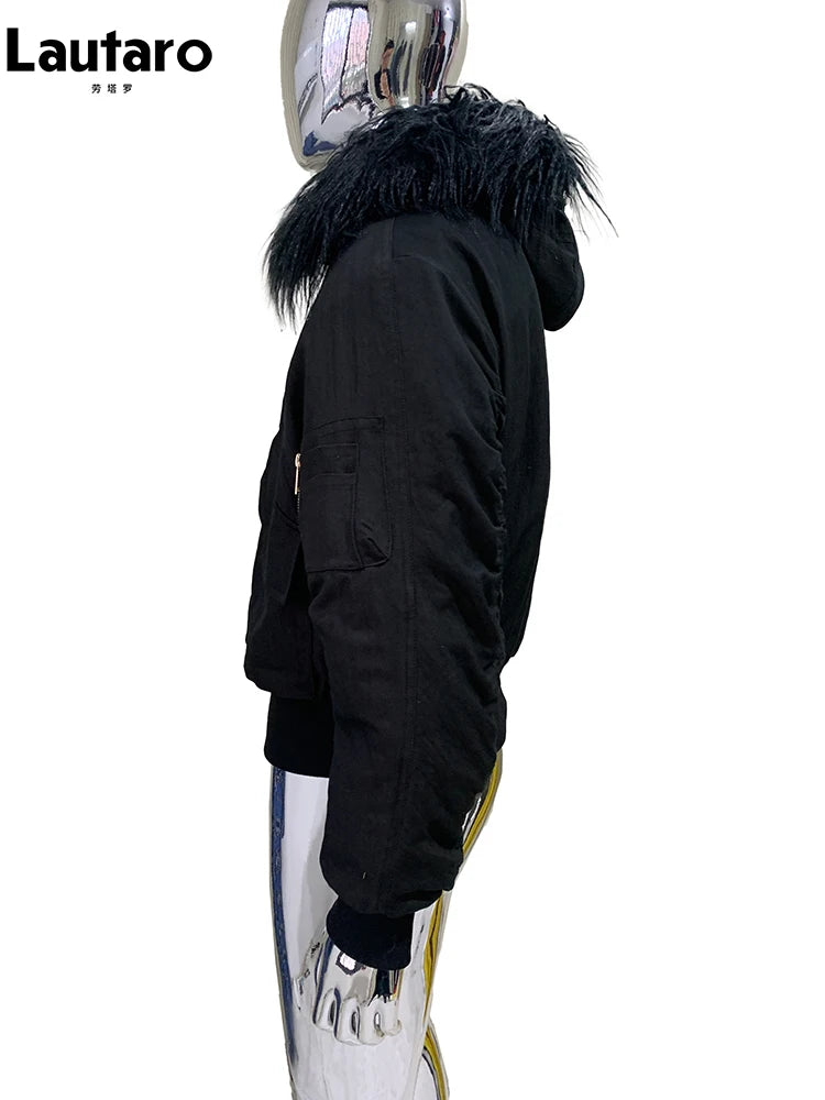 Lautaro Autumn Winter Thickened Warm Short Black Jacket Men with Faux Fur Trim Hood Zip Up Loose Casual Luxury Designer Clothes L