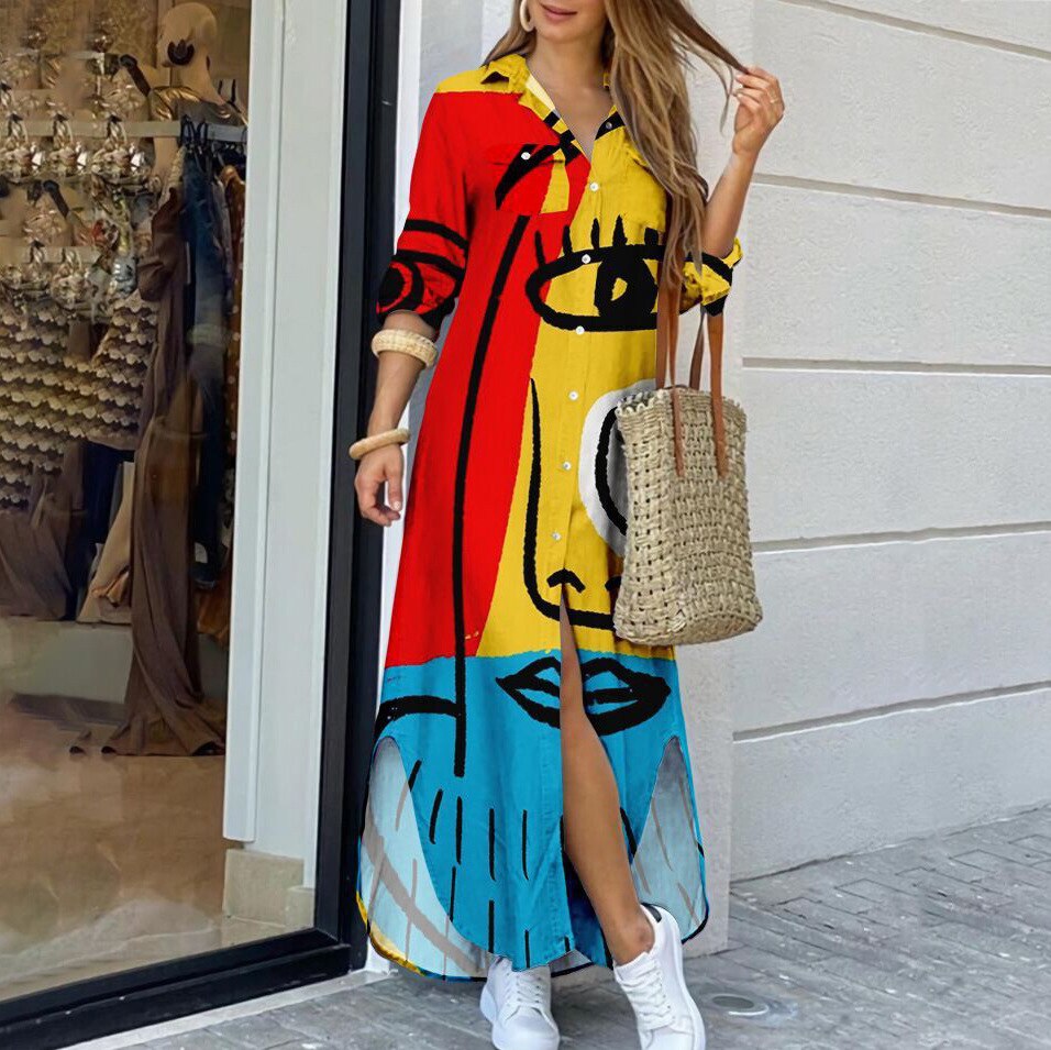 Women's fashion casual dress with loose V-neck print lining 6