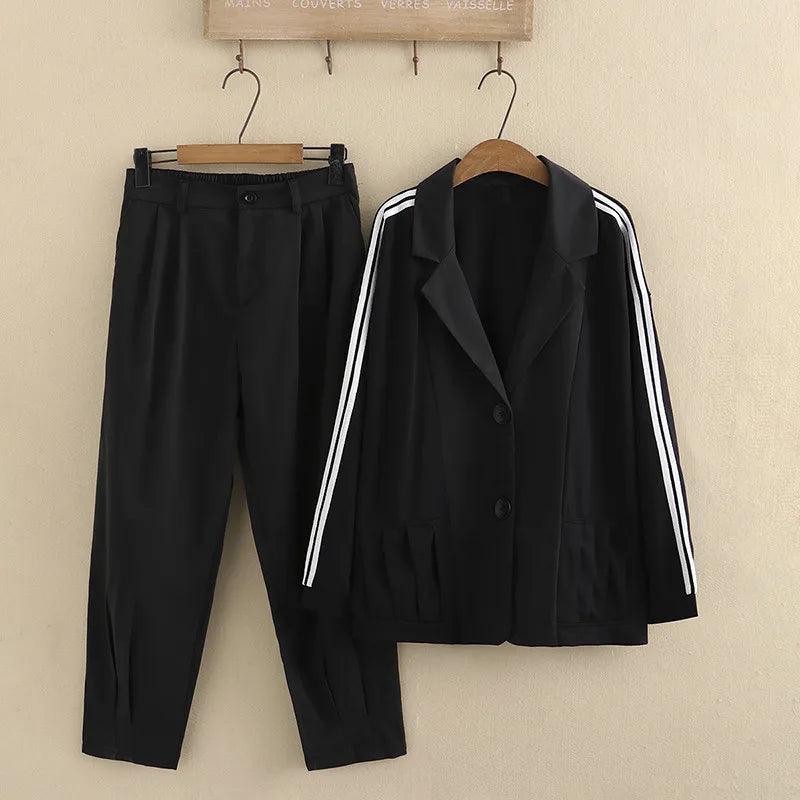 Plus Size Women's Suit Suit Collar Lapel Casual Jacket Elastic Waist Side White Strip Stitched Casual Suit Trousers Combination black