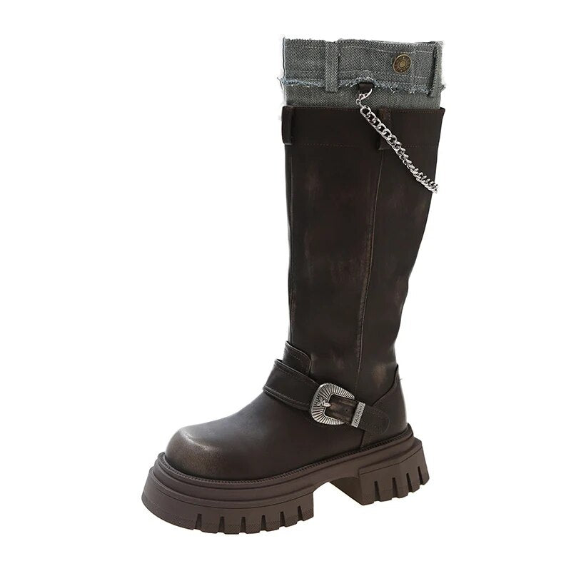 Platform Women Chain Shoes Flats Trend Chelsea Boots Brand Winter 2024 New Gladiator Motocycle Boots Punk Knee High Mujer Botas