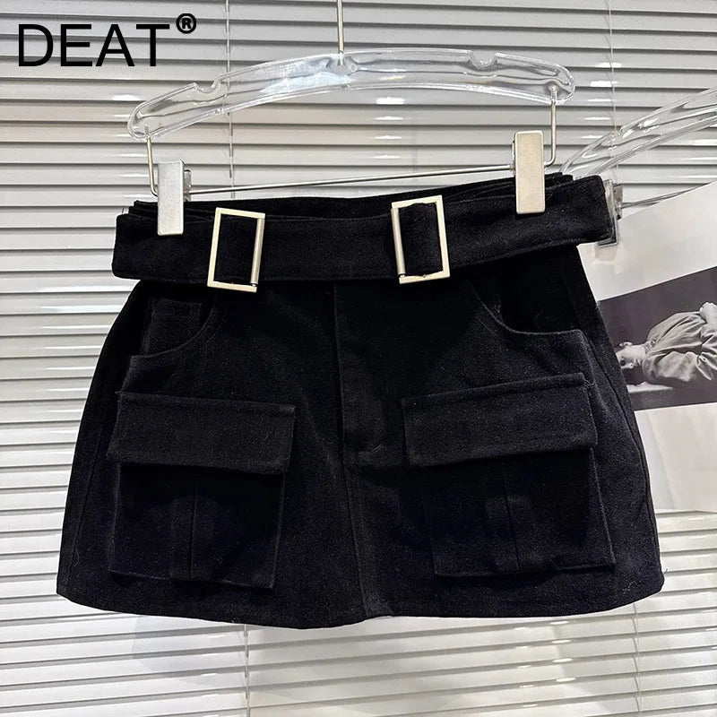 Winter New Fashion Style Metal Belt Pocket Suede Cargo Short A-line Skirt For Women Wrapped Hip A-line Skirts 11A07737