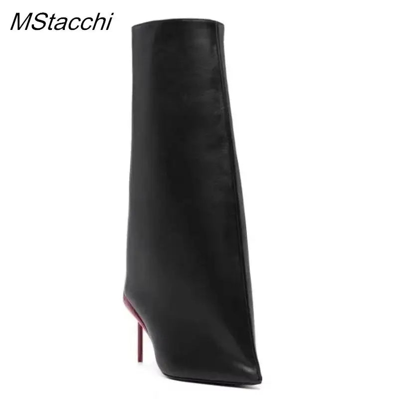 2025 Runway Women's Knee High Boots Fashion Walk Show Style Slim Heel Women Shoes Red High Heels British Style Botas De Mujer