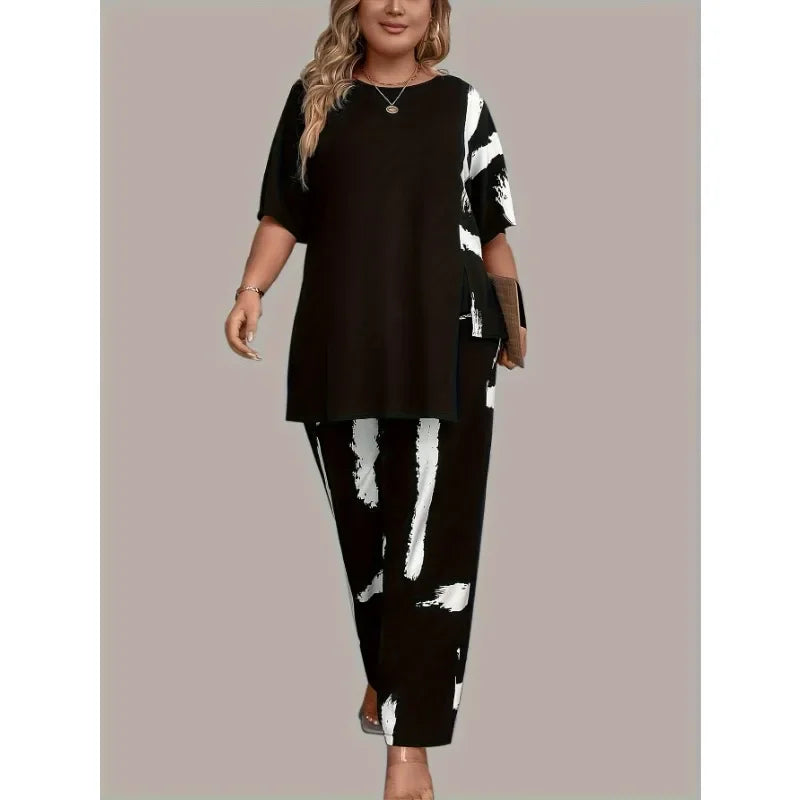 Plus Size 1XL-5XL Women's Brush Print EleganceRound Neck Short Sleeve Split Top & Matching Pants 2 Piece Outfit Set black