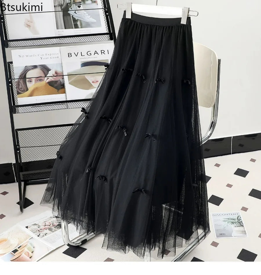Women's Korean Fashion Harajuku Long Gauze Skirt Spring Summer High Waist Midi Maxi Tulle Skirt Aesthetic Vintage Y2k Skirt