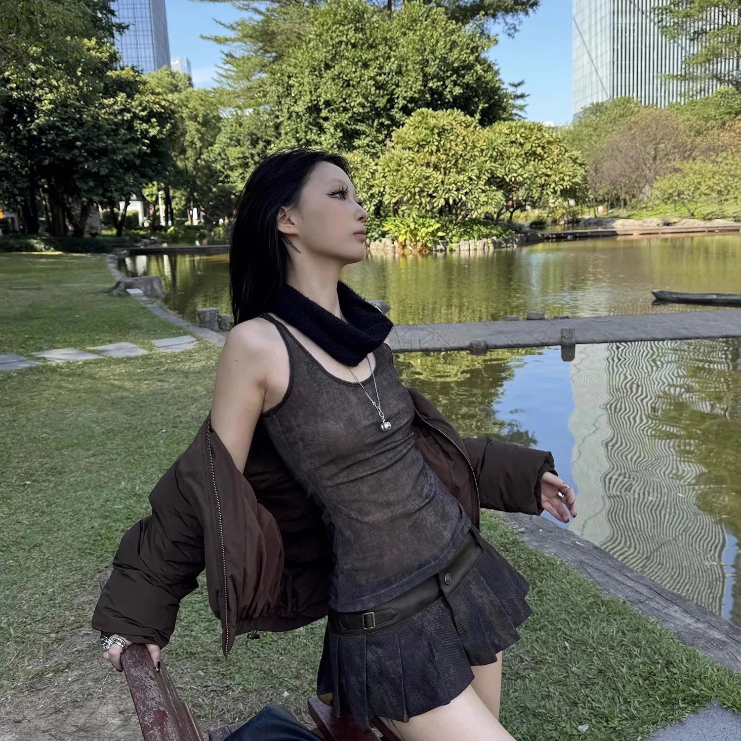 Lautaro Spring Summer Cool Washed Distressed Soft Pu Leather Mini Pleated Skirt Women High Waist Belt Luxury Designer Clothes