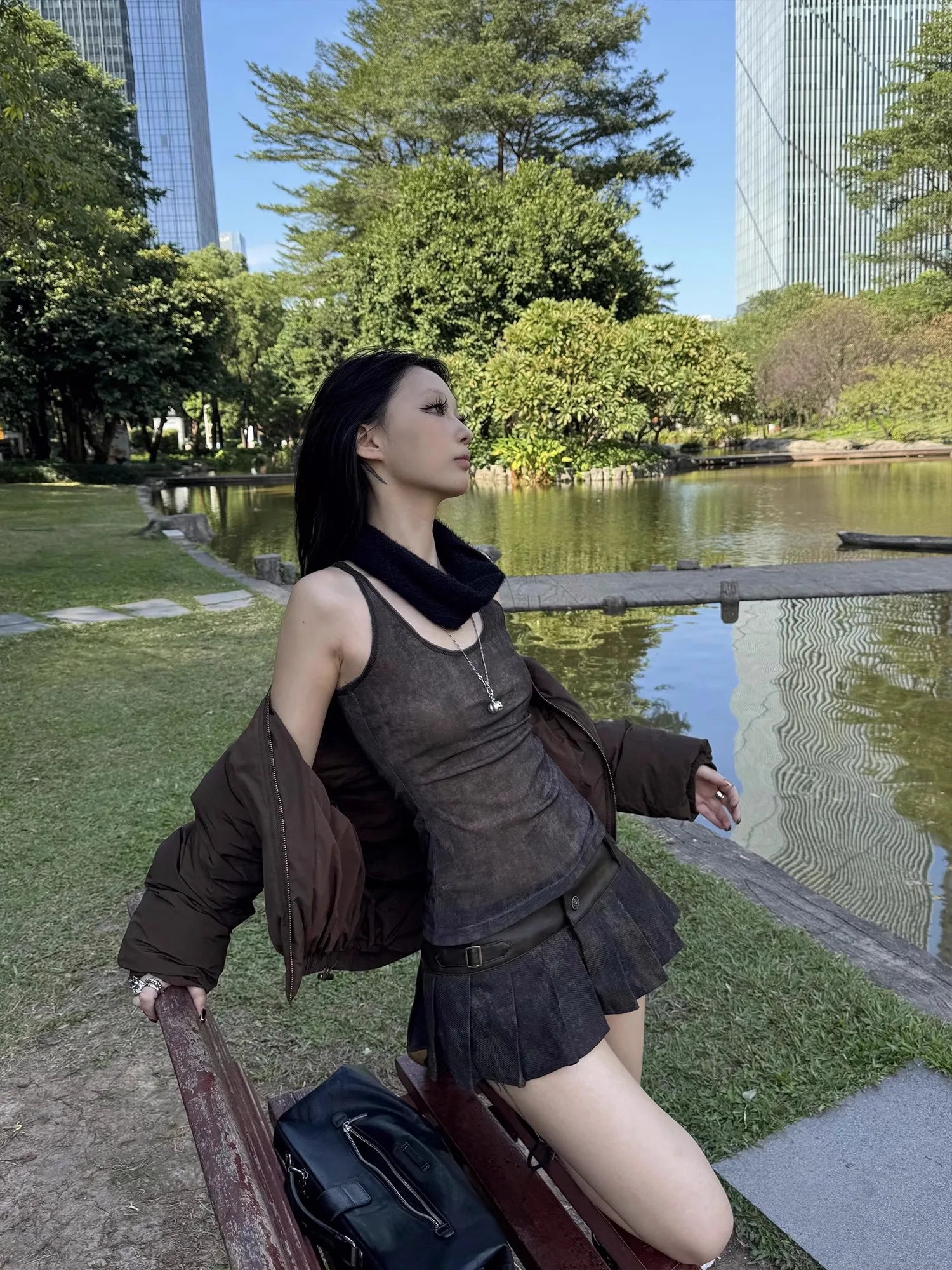 Lautaro Spring Summer Cool Washed Distressed Soft Pu Leather Mini Pleated Skirt Women High Waist Belt Luxury Designer Clothes