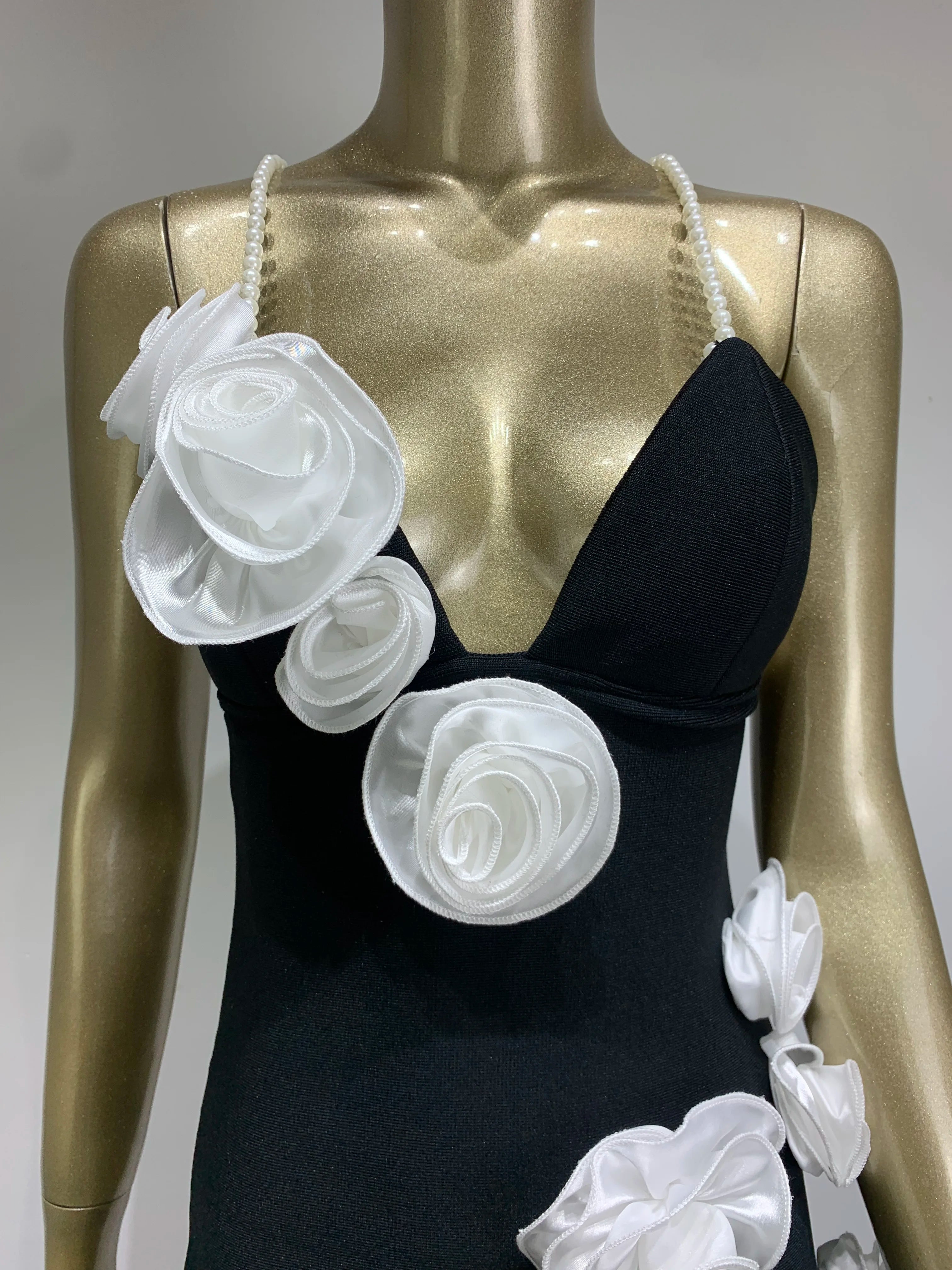 Women Celebrity Sexy Backless Pearl Black Flower Patchwork Maxi Long Bodycon Bandage Dress 2024 Elegant Evening Club Party Dress