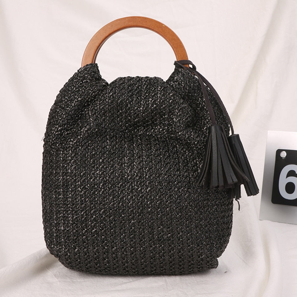 Summer Straw Handbag Wooden Handle Large Capacity Paper Rope Woven Straw Bag 2024 New Fashion Summer Vacation Travel Beach Bag black16