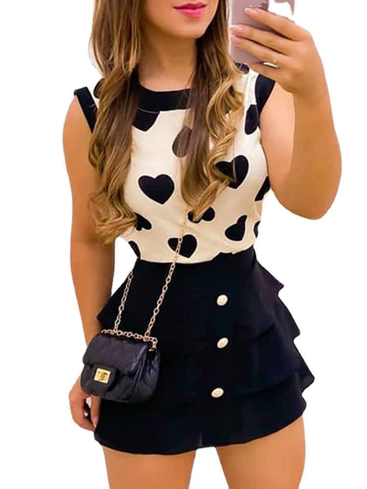 Women Print Heart Round Neck Top & Skirt Set Women Dress Sets Black