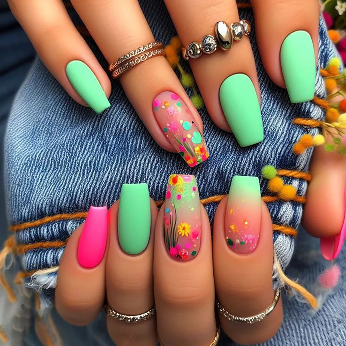 24pcs/set Short Medium long fake nails for women girls Spring summer flowers butterfly flamingo blue pink press on false nails 2056