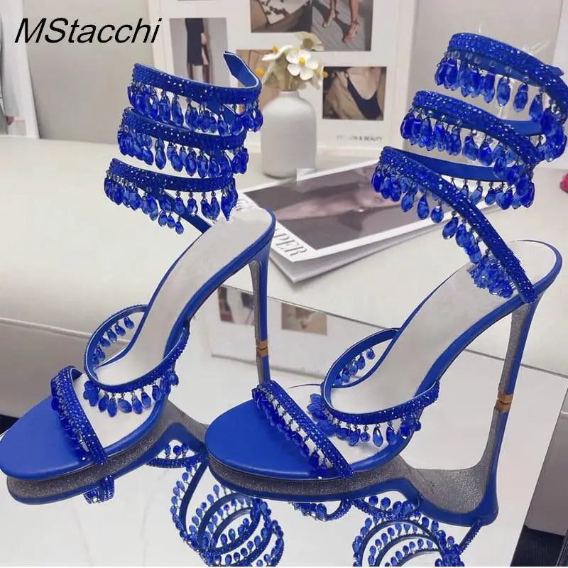 Crystal Wrap Sandals Women Summer 2024 Wedding Shoes High Heel Party Shoes Ankle Strappy Sandals Designer Stiletto Heel Shoes