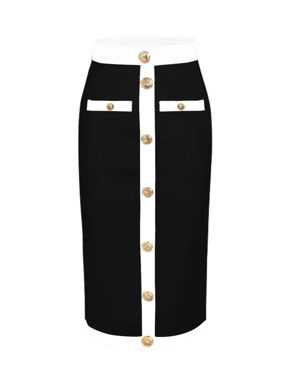 Newest Women Button Patchwork White Black Bodycon Bandage Skirt 2023 Designer High Waist Party Club Pencil Skirt 60cm black