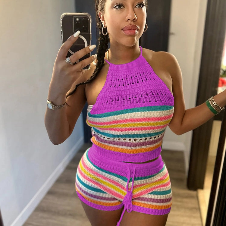 Wishyear Sexy Backless Halter Crop Top and Shorts Suit Two Piece Sets for Women Tracksuit Knitted Crochet Co Ord Summer Outfits Fuchsia