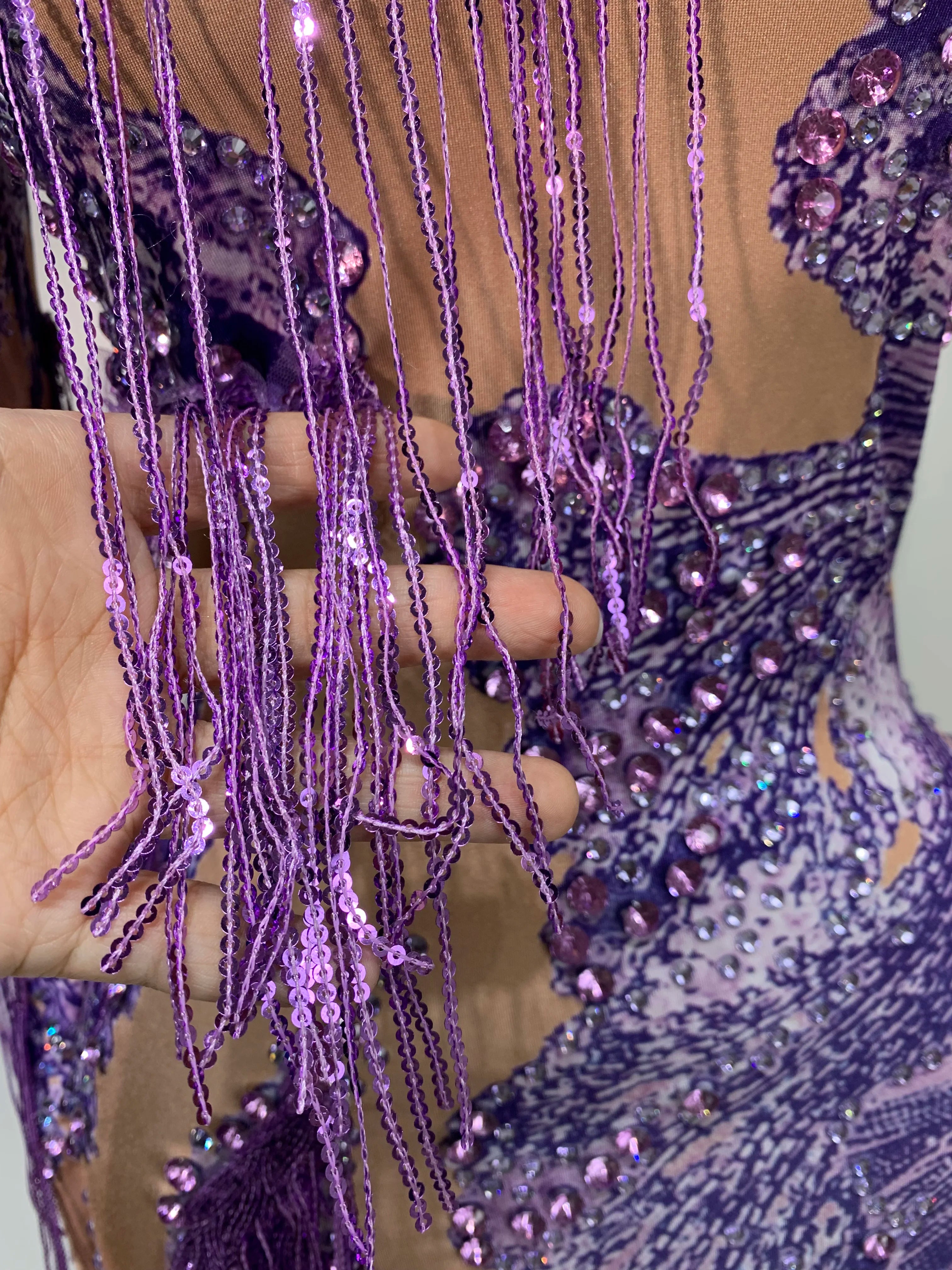 Sexy Sparkly Purple Rhinestones Tassel One Shoulder Sleeve Mini Dress Evening Party Birthday Nightclub Stage Performance Outfit