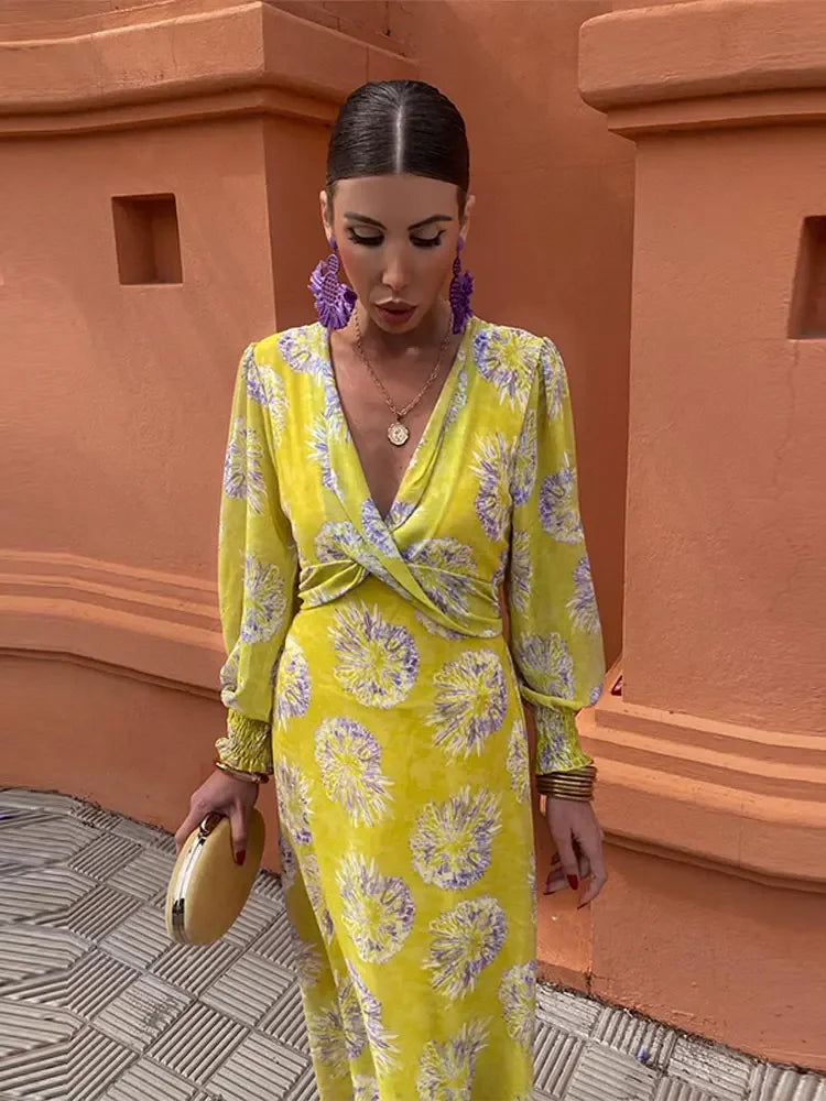 Elegant Flower Print Maxi Dress For Women Fashion Pleated V-neck Long Sleeve Slim Robe Spring New Lady High Street Vestidos