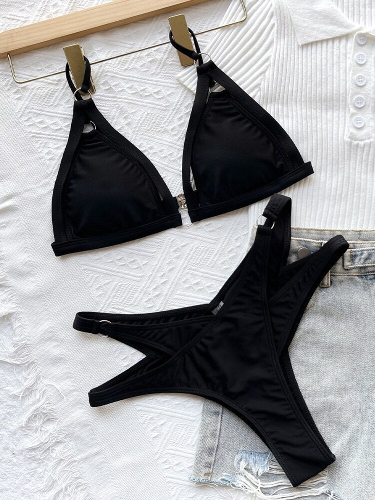 Sexy Solid Strapped Bikini High Cut Push UP Hollow Swimsuit - Swimwear Biquinis Backless Beach Bathing Suit