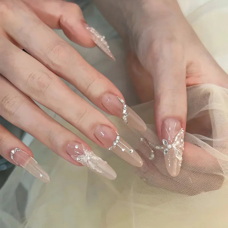 24Pcs Long Gradient Press on Fake Nails Full Cover Butterfly Rhinestone Design Gentle Oval Fashion Nail Detachable Nail Tips Art 3