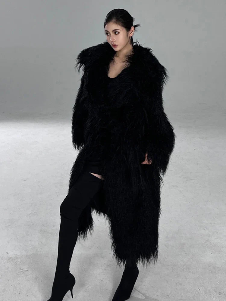 Winter Long Black Hairy Shaggy Thick Warm Soft Fluffy Faux Fur Coat Women Sashes Luxury Designer Overcoat Runway Fashion Black