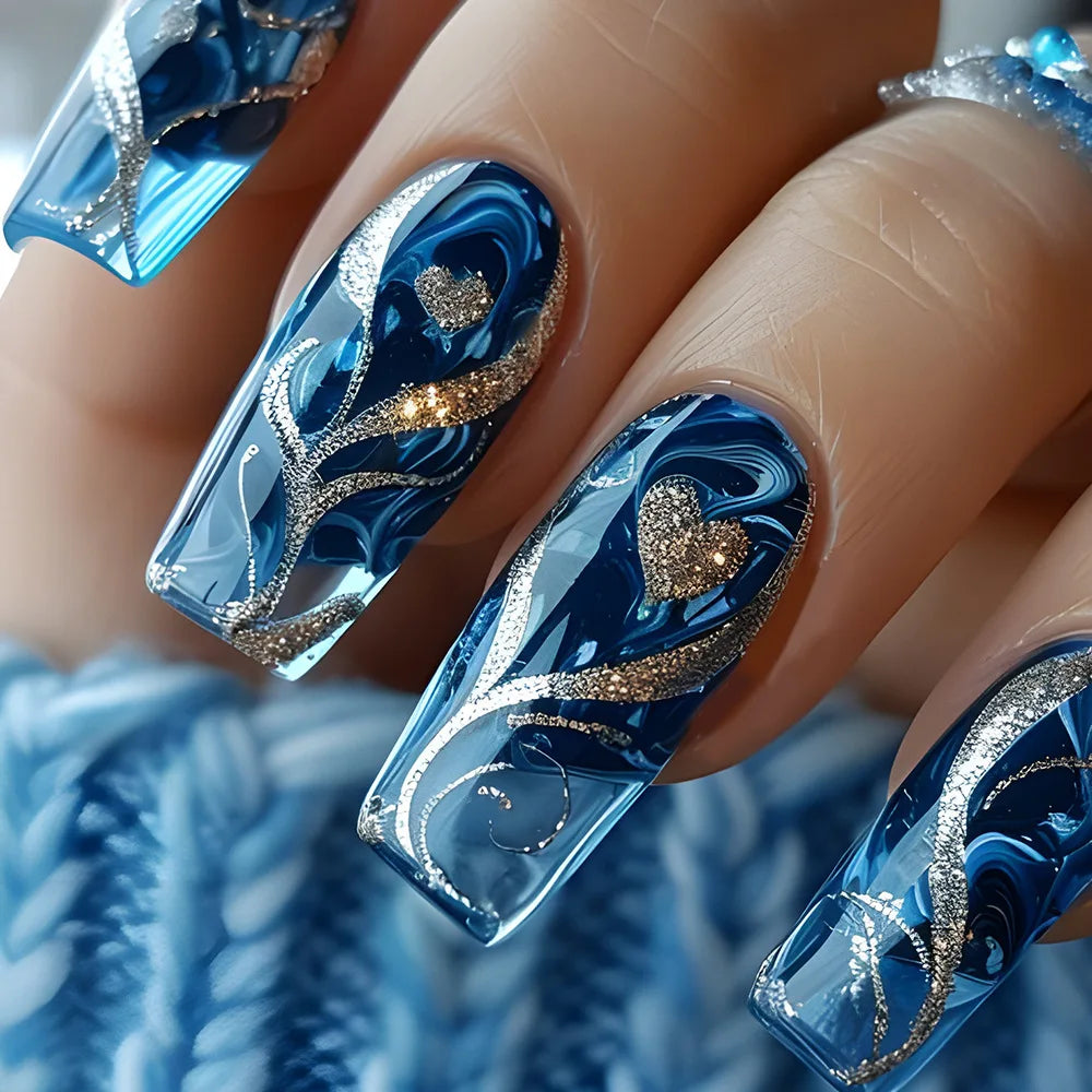 24pcs Golden Stripe Press on Nails Shiny Powder Love Design Long Square False Nails Wearable Full Cover Nail Tips Blue Fake Nail CY1092