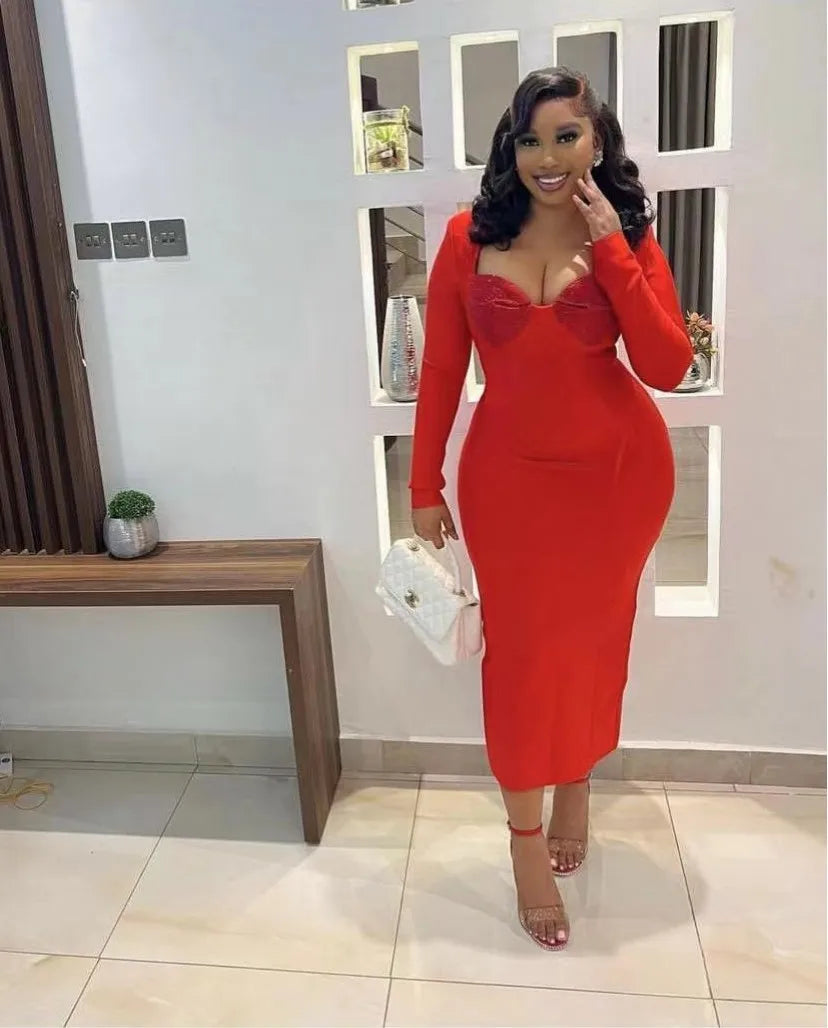 Black Red Color Women Long Sleeve Sexy Square Collar Rhinestones Bodycon Bandage Long Dress Nightclub Party Celebrate Dress