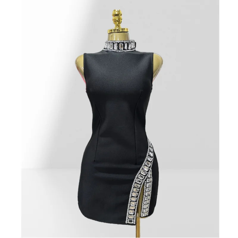 New Summer Super shining Diamonds O-neck Sleeveless Bandage Mini Dress Fashion Woman Birthday Party Dress Music Festival Outfit
