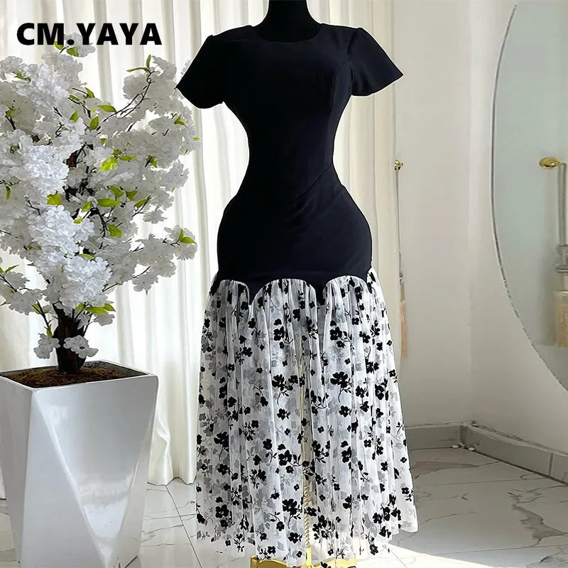 CM.YAYA Women Short Sleeve O-neck Mesh Floral Printed Long Maxi Bodycon Mermaid Dress 2025 Birthday Night Party Vestidos Dresses