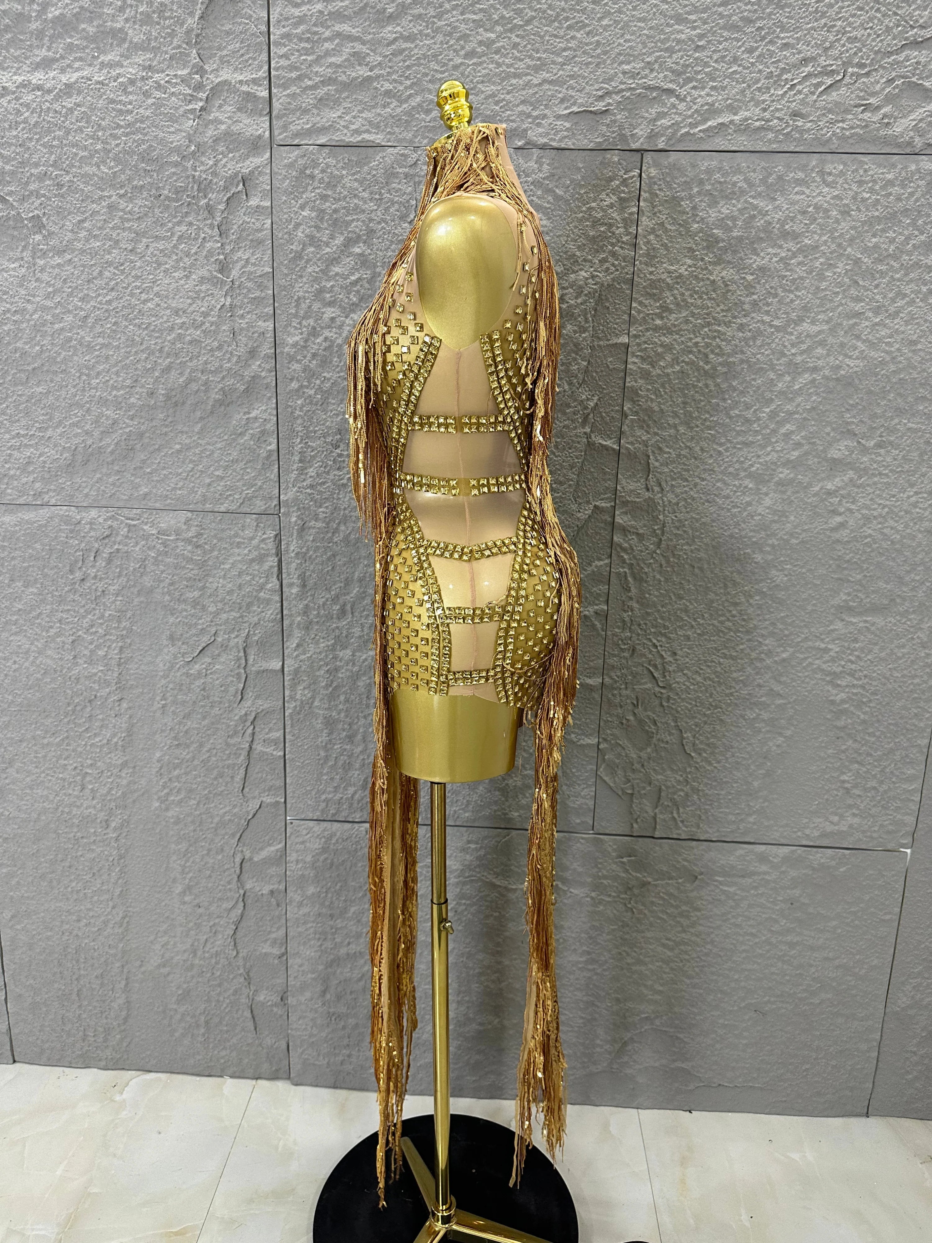 Opulent Gold Halter Neck Mini Dress Women Sexy Crystal Embellished Fringe Trim Form-Fitting Outfit Formal Event Party Costume