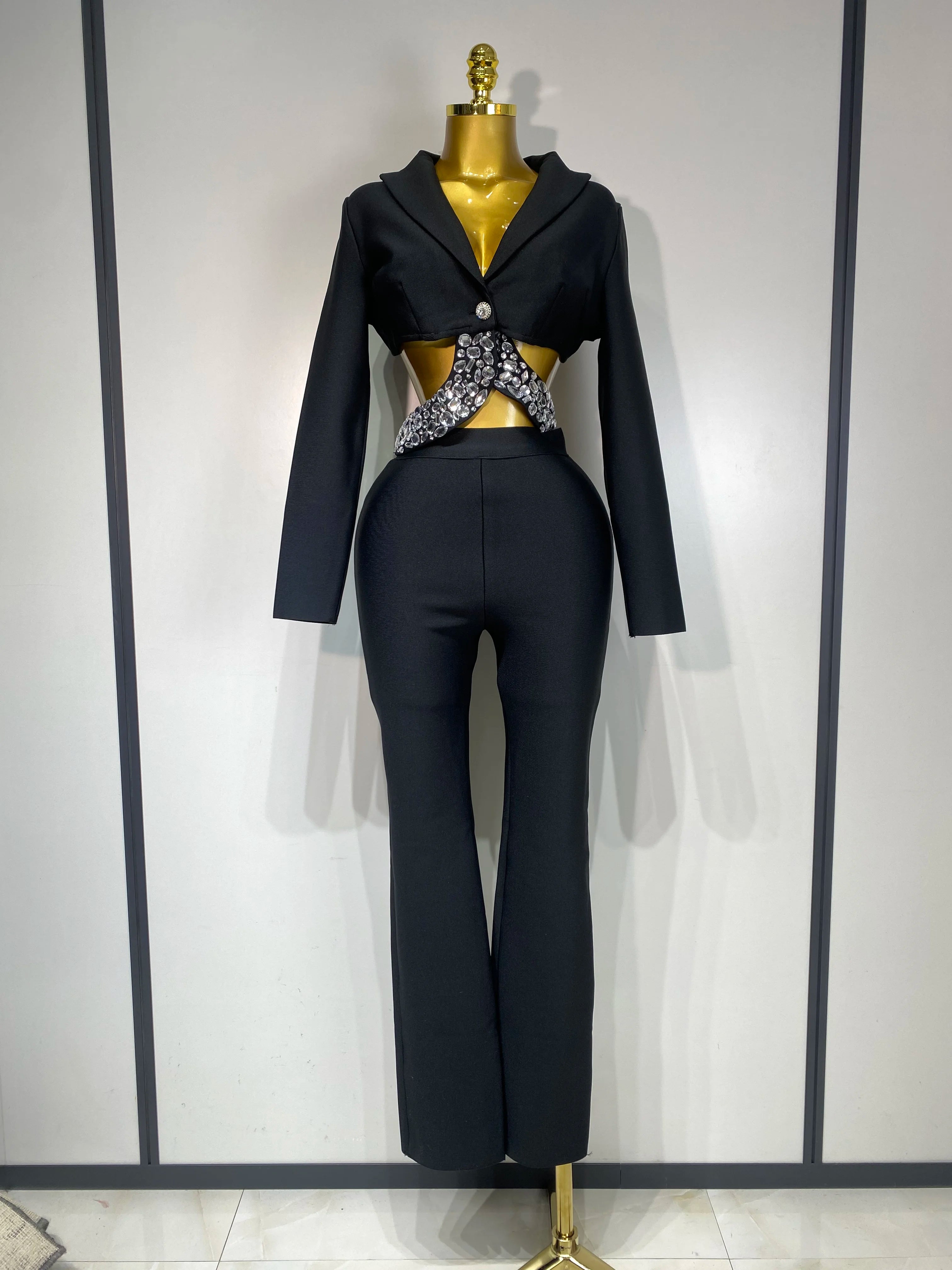 Women Sexy Cut Out Long Sleeve Beading Bodycon Two Pieces Pants Bandage Set Celebrity Designer Fashion Women Luxury Birthday Set