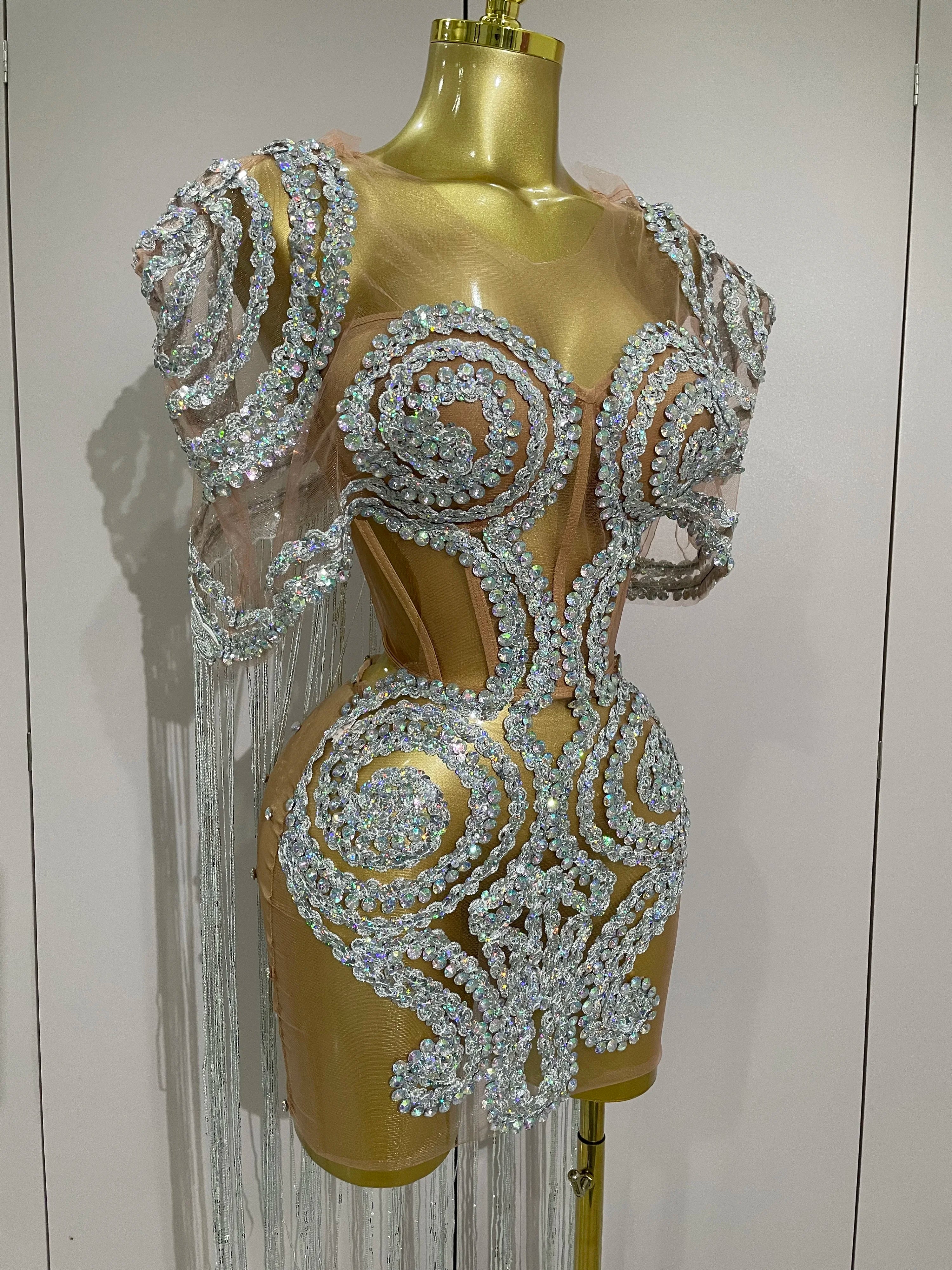 Stock Sparkly Rhinestones Sequins Sexy Mesh Tassels Cape Short Dress 2025 Women Evening Birthday Party Nightclub Stage Costume