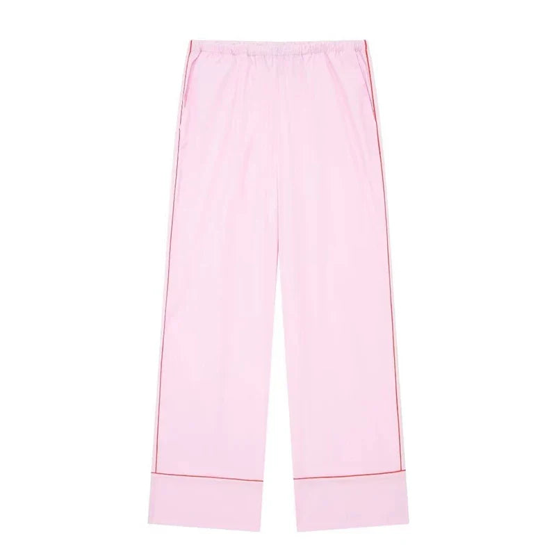 TRAFZA Woman New Fashion Suits Pink Turn-Down Collar Long Sleeves Single Breasted Short Shirts+Mid Waist Lace-Up Wide Leg Pants pink pant