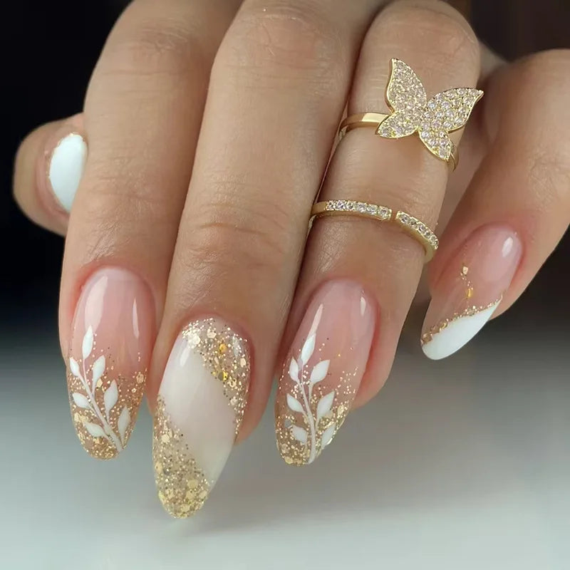 24Pcs Green Cat's Eye Design Press on False Nails with Flower Pattern Short Almond Round Head Nails Set Tips Wearable Fake Nail W1917