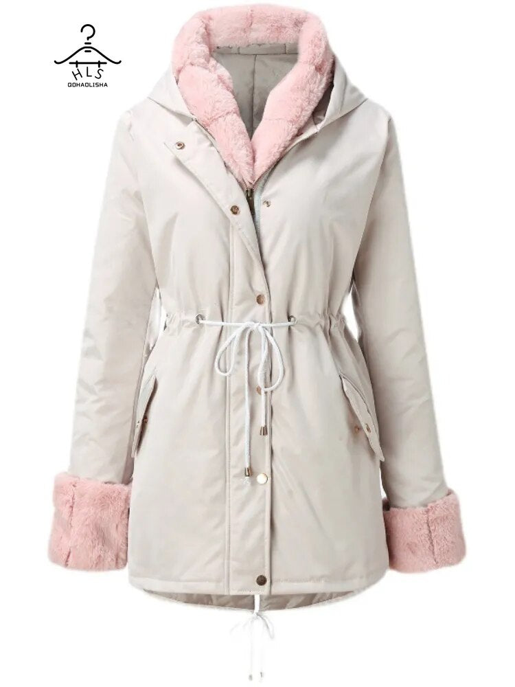 Women Detachable Woolen Collar Cotton Parks New In Hooded Warm Women's Cotton Jacket Zipper Fashion Coat Winter Clothes Women