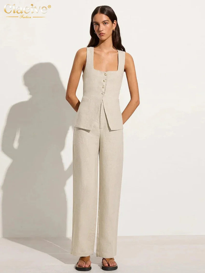 Clacive Summer Slim Khaki Linen 2 Piece Sets Women Outfit Fashion Sleeveless Tank Top With High Waist Pants Set Female