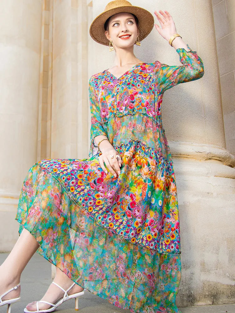 Summer 2023 Beach Boho Vintage Print Chiffon V Neck Dress Elegant Party Robe Designer Vestidos Loose Midi Dresses As Picture