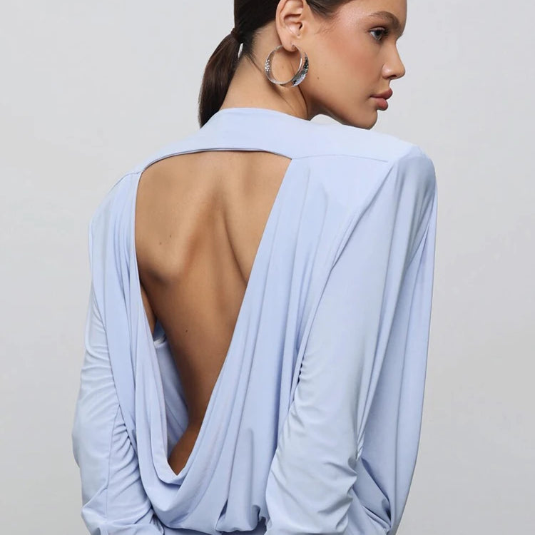 Mozision Backless Long Sleeve Sexy Bodysuits For Women Tops Fashion Solid O Neck Ruched Bodysuit Female Spring Elegant Bodysuit