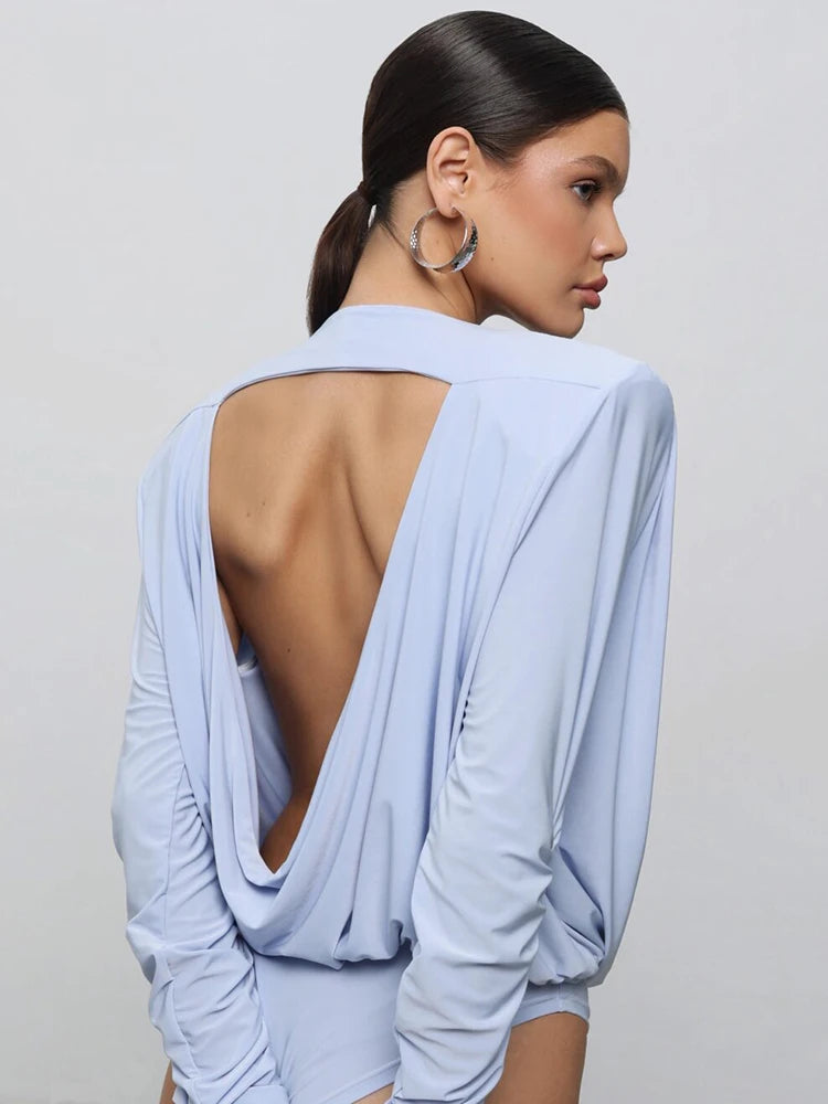 Mozision Backless Long Sleeve Sexy Bodysuits For Women Tops Fashion Solid O Neck Ruched Bodysuit Female Spring Elegant Bodysuit