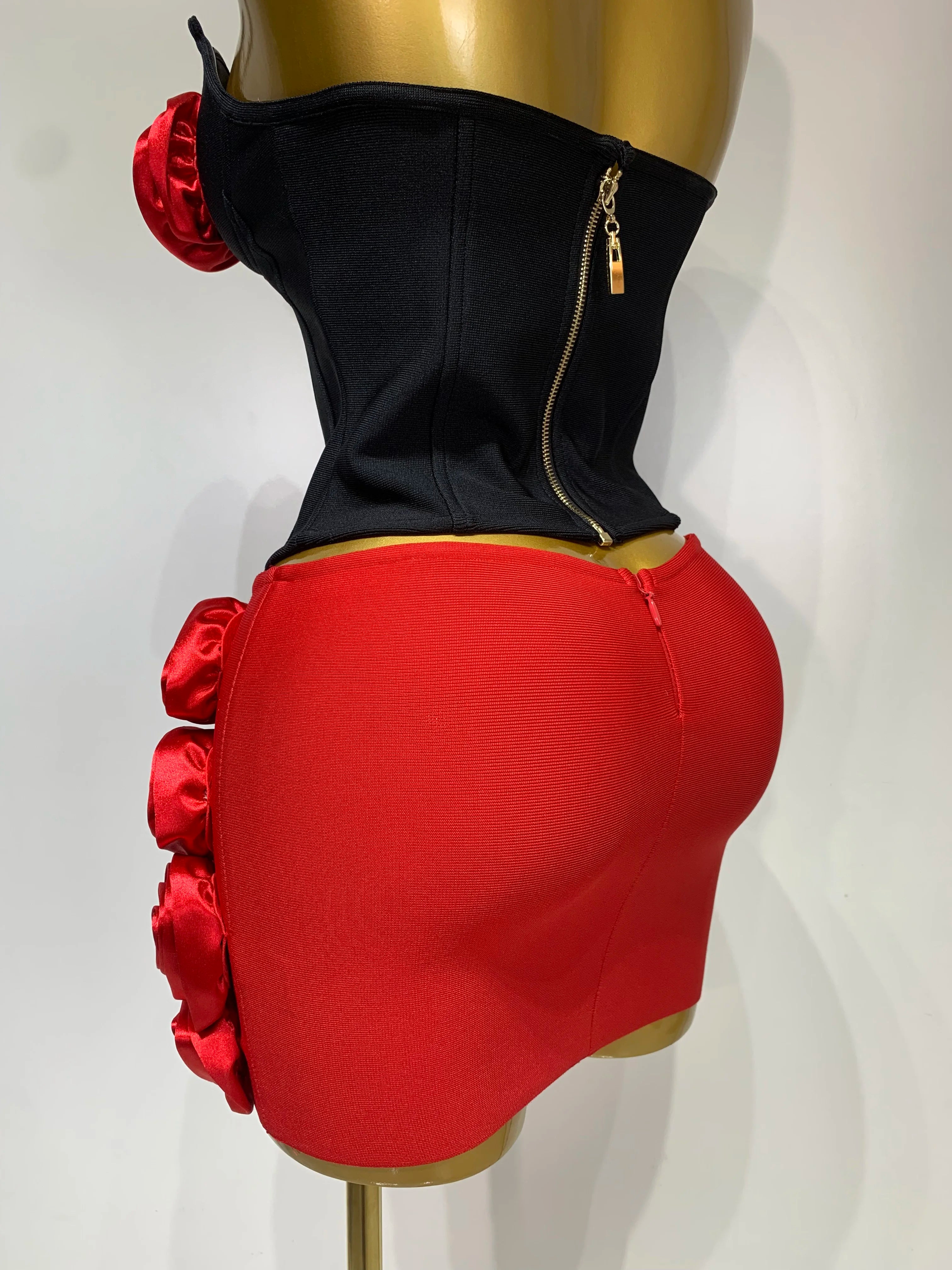 Women Fashion Strapless Red Flower Mini Two Pieces Skirt Bandage Set Celebrity Designer Fashion Stage Show Evening Party Outfit