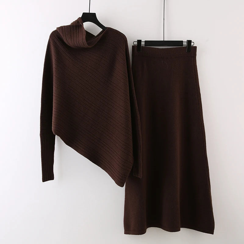 Autumn Winter Fashion Style Asymmetrical Batwing Sleeve Loose Knit Cardigan Elastic Waist Skirt Set For Women 11A07541 Coffee One Size