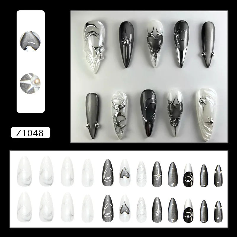 24pcs Sweet Cool False Nails Purple Love Almond Fake Nails Tips for Women Wearable Detachable Spice Girl French Press on Nails 5