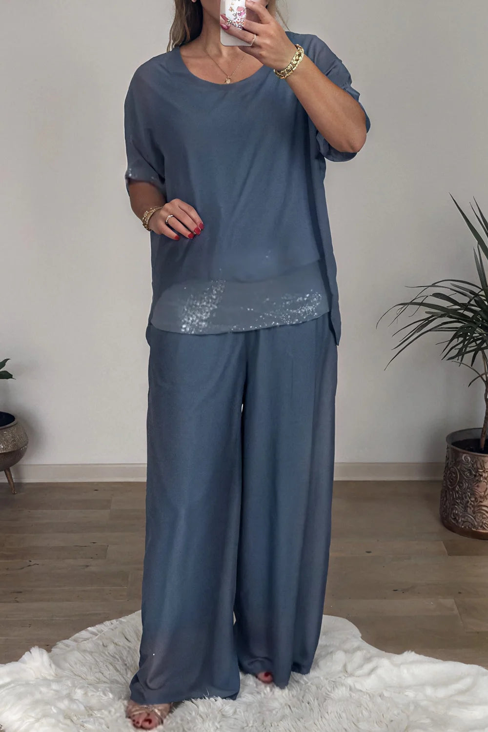 Plus Size Formal Green Elegant Round Neck Half Sleeve Pocket Chiffon Three Piece Sets Blue