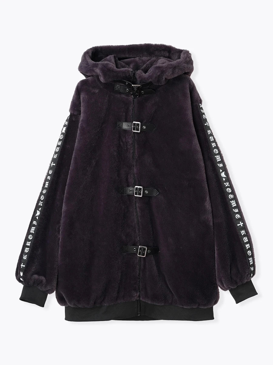 Lautaro Winter Oversized Sweet Cute Soft Black Faux Fur Coat Women with Bunny Ears Kawaii Loose Fluffy Jacket Hoodie Streetwear Purple One Size