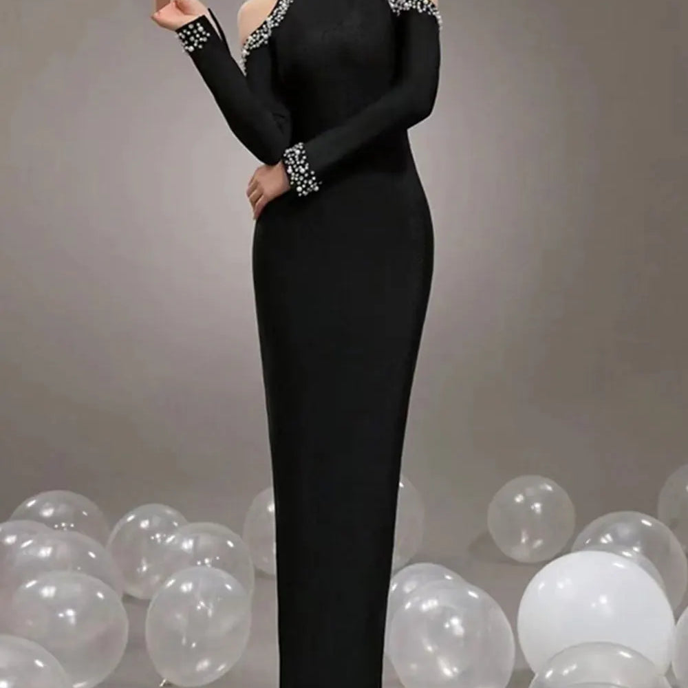 2024 Sexy Women'S Light Luxury Crystal Pearl Design Bandage Dress O-Neck Off Shoulder Long Sleeved Bodycon Christmas Long Dress